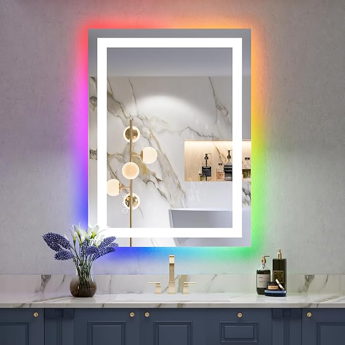 24x32 Inch RGB LED Bathroom Mirror Front Light and RGB Backlit Lighted Vanity Mirror for Bathroom Wall Mounted Dimmable Anti Fog Memory Shatter-Proof IP54 Waterproof Horizontal/Vertical