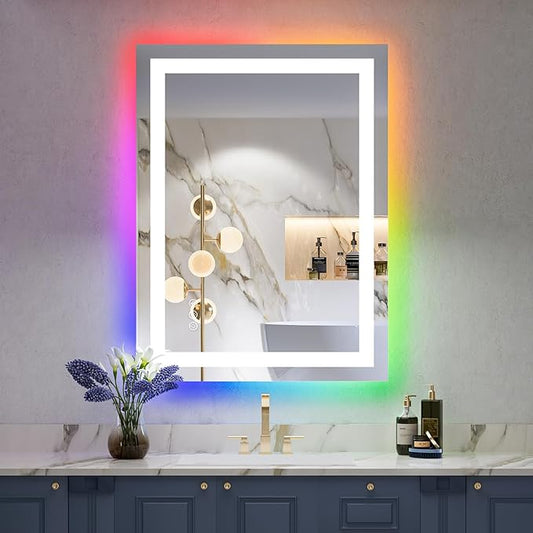 24x32 Inch RGB LED Bathroom Mirror Front Light and RGB Backlit Lighted Vanity Mirror for Bathroom Wall Mounted Dimmable Anti Fog Memory Shatter-Proof IP54 Waterproof Horizontal/Vertical