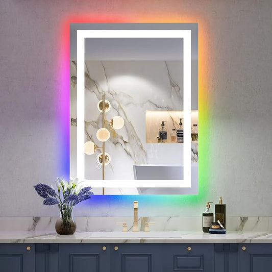 24x36 Inch RGB LED Bathroom Mirror Front Light and RGB Backlit Lighted Vanity Mirror for Bathroom Wall Mounted Dimmable Anti Fog Memory Shatter-Proof IP54 Waterproof Horizontal/Vertical