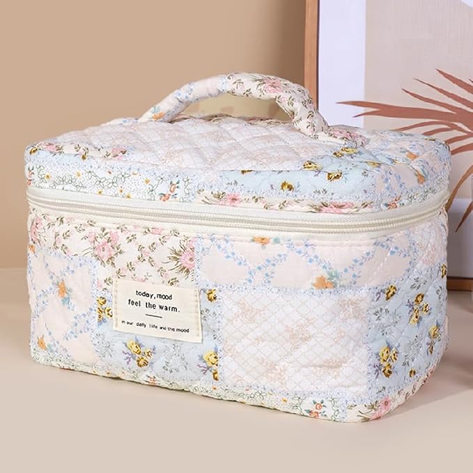 3 Pcs Quilted Makeup Bag Set,Coquette Cotton Make up Bag,Cute Floral Makeup Bags Large Toiletry Cosmetic Bag Organizer for Women Girls (J-3PCS)