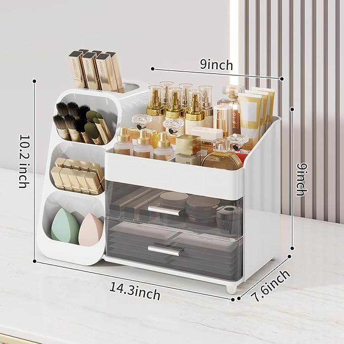 Makeup Organizer with Drawers for Vanity, Make Up Storage Kit, Spacious Cosmetic Display Case, Perfect Storage Solution for Beauty Essentials (White)