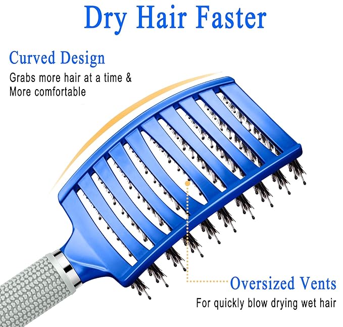 KTKUDY Detangling Brush Boar Bristles Hairbrush Make Hair Shiny & Healthier Curved and Vented Detangler Brush for Women Men Kids Wet and Dry Hair (Blue)