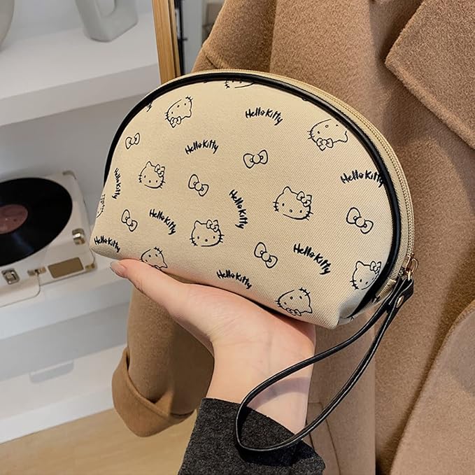 AmBealla Portable Storage Bag Cosmetic Bag for Women,Small Cute Compact Travel Makeup Bag for Keys and Phone, Beige Cotton Organizer with Wristband,Portable Mini Bag for Girls