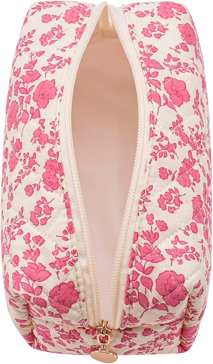 Gleyemor Small Quilted Makeup Bag for Women, Cute Floral Bow Cosmetic Bag, Emergency Bag Travel Toiletry Cotton Pouch Gifts for Girls Her Mom Friend Sister Bridesmaid (Red Floral)