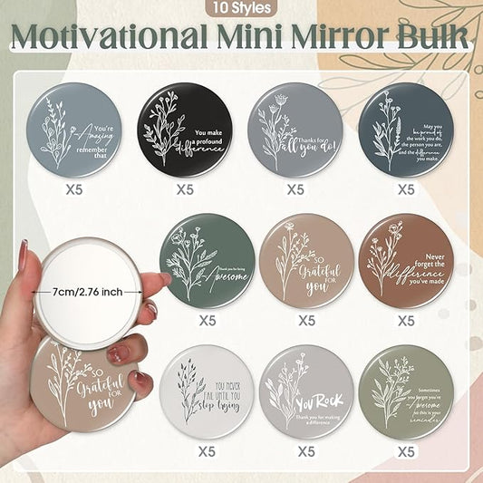 Kigley 50 Pcs Inspirational Compact Mirrors Bulk Mini Portable Pocket Mirrors for Women Motivational Employee Appreciation Gifts for Nurses Students Volunteers on Graduation Party, CNA Week