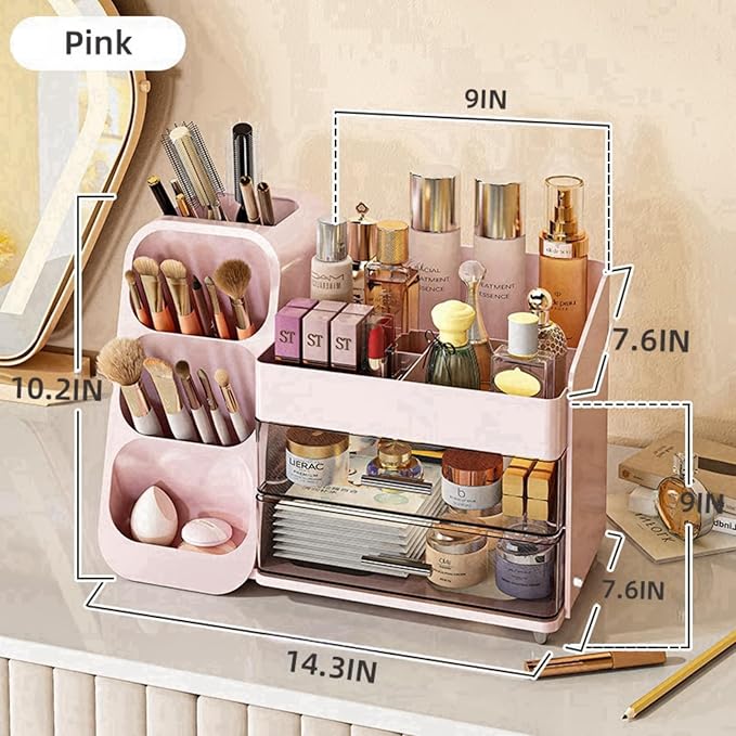 Makeup Organizer with Drawers for Vanity,Spacious Cosmetic Display Case,Perfect Storage Solution for Your Beauty Essential(Pink)