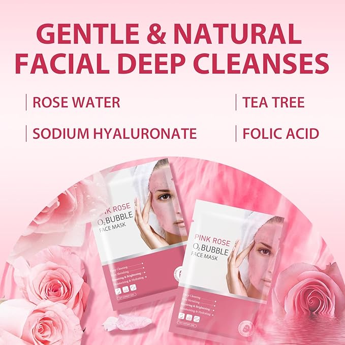 IREV Pack of 10 Pink Rose O2 Bubble Face Masks Skincare - Spa Gifts for Women - Bubble Face Sheet Mask Cleaner Foaming Purifying Facial Mask for Acne and Pores Moisturizing Beauty Sheet Masks