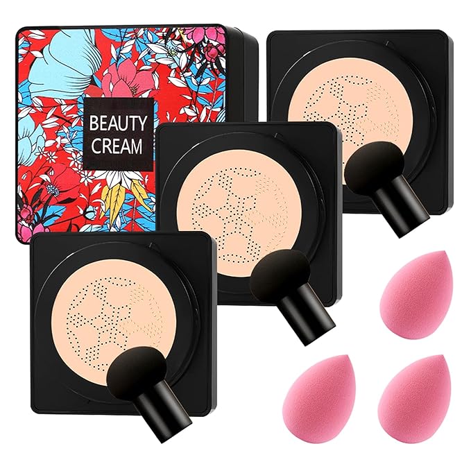 3PCS Mushroom Head Air Cushion CC Cream Foundation,Moisturizing BB Cream Foundation Makeup,Waterproof Full Coverage Foundation,Moisture Cushion CC Cream Concealer with 3 Makeup Sponges(Natural)