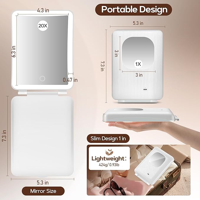 2 in 1 64 LED Travel Magnifying Mirror with Light, Portable 20X/1X Lighted Makeup Mirror with Rechargeable 1000mAh Battery, 3 Colors Dimmable Lighting Folding Cosmetic Vanity Mirror