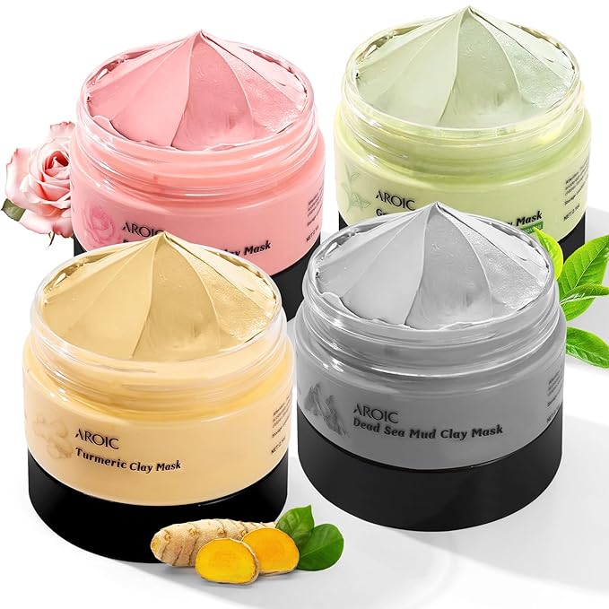 4 Pack Clay Mask, Vitamin C Turmeric Dead Sea Mud Facial Mask, Rose, Green Tea Clay Masque Set - Weekly Self Care Spa Gift for Women and Men, Skincare for Deep Cleansing Pore Minimizing Face Treatment
