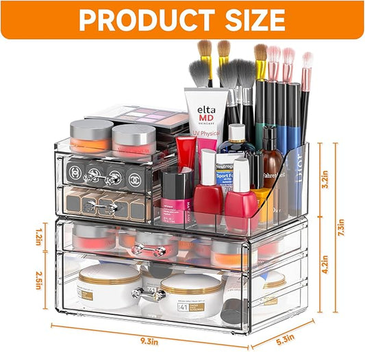 2 Pack Clear Cosmetic Organizer Countertop,Stackable 8 Drawer Acrylic Makeup Organizer and Skincare Organizer,Cosmetic Storage Organizer for Skin Care,Beauty Product,Perfume Organizers for Vanity