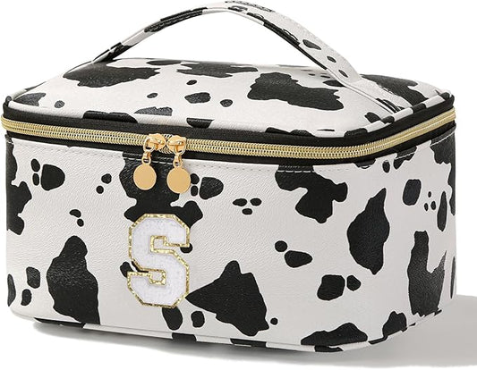 Meiyuuo Large Personalized Makeup Bag for Teen Girls Gifts Cute Cosmetics Bags Chenille Letter Bag Travel Pro Pouch Toiletry Organizer for Women Monogram Cow Print S