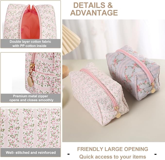 Gleyemor Small Quilted Makeup Bag for Women, Cute Floral Bow Cosmetic Bag, Emergency Bag Travel Toiletry Cotton Pouch Gifts for Girls Her Mom Friend Sister Bridesmaid (Pink Floral)