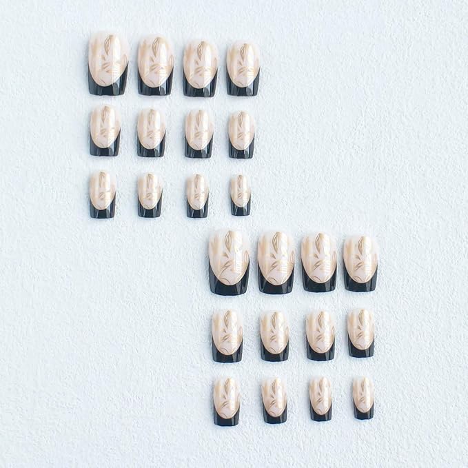 Black French Tip Press on Nails Medium Square Fake Acrylic False Nails With Gold Leaf Designs Glossy Artificial Luxury Stick on for Women 24Pcs