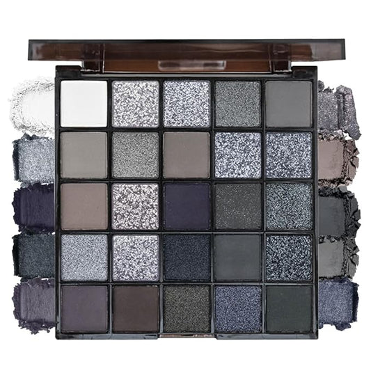 25-Color Black Matte & Shimmer Eyeshadow Palette – High Pigmented Silver Cool Smoky Pearlescent Dark Shades for Goth Makeup, No Fading, No Smudge, Long Lasting Waterproof