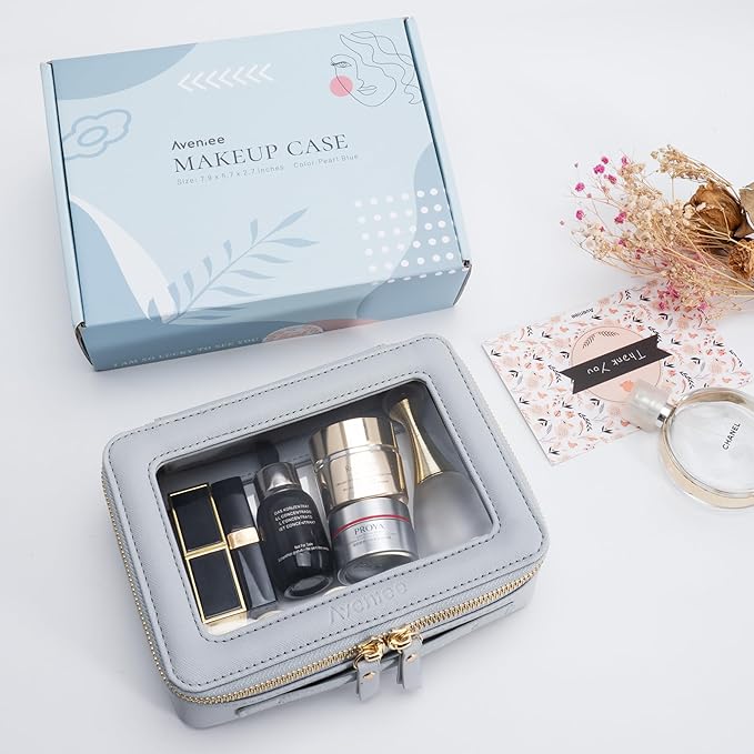 Aveniee Clear Makeup Bag Organizer, Portable Travel Toiletry Cosmetic Bag Case for Women, Heavy Duty Vegan Leather Make Up Pouch Car Bag for Essentials(Middle+Large) - Slate blue