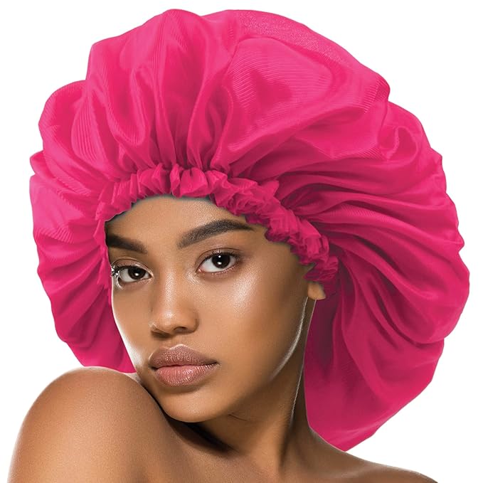 Argan & Black Castor Treatment Caps Satin Sleep Cap Bonnet Hair Accessories Shower Caps for Women Reusable Waterproof Super Jumbo (PINK)