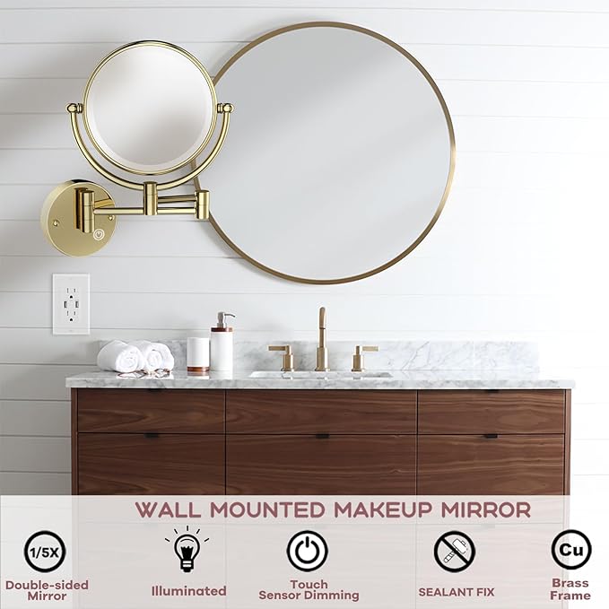 8 Inch Bathroom Makeup Mirror Wall Mount Mirror Swing Arm, Double Sided 1X/5X Hardwired Lighted Magnifying Mirror Wall Mounted, Luxury Brass PVD Zirconium Gold