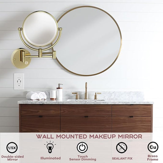 8 Inch Bathroom Makeup Mirror Wall Mount Mirror Swing Arm, Double Sided 1X/5X Hardwired Lighted Magnifying Mirror Wall Mounted, Luxury Brass PVD Zirconium Gold