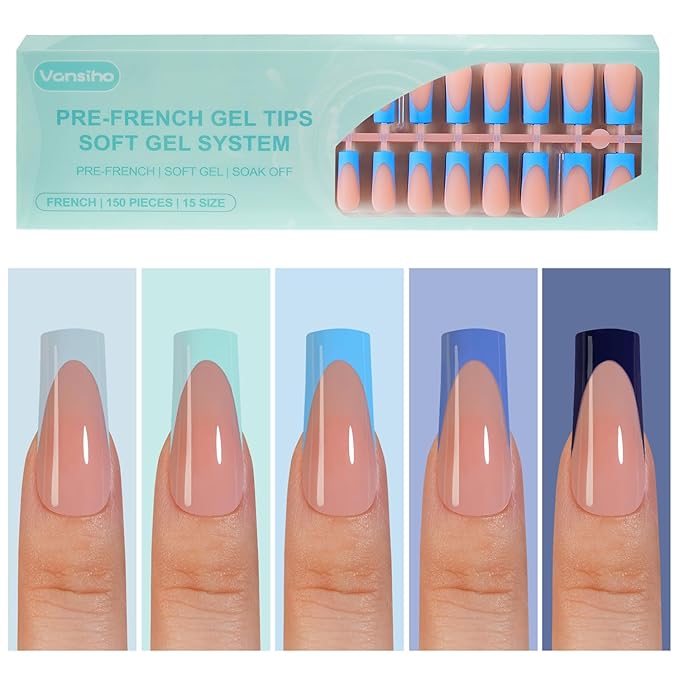 150Pcs French Gel Nail Tips, Vansiho Long Square Nail Tips, Blue Pre-French Tips Press on Nails, Soak Off Soft Gel Acrylic Fake Nails for Nail Art DIY 15 Sizes