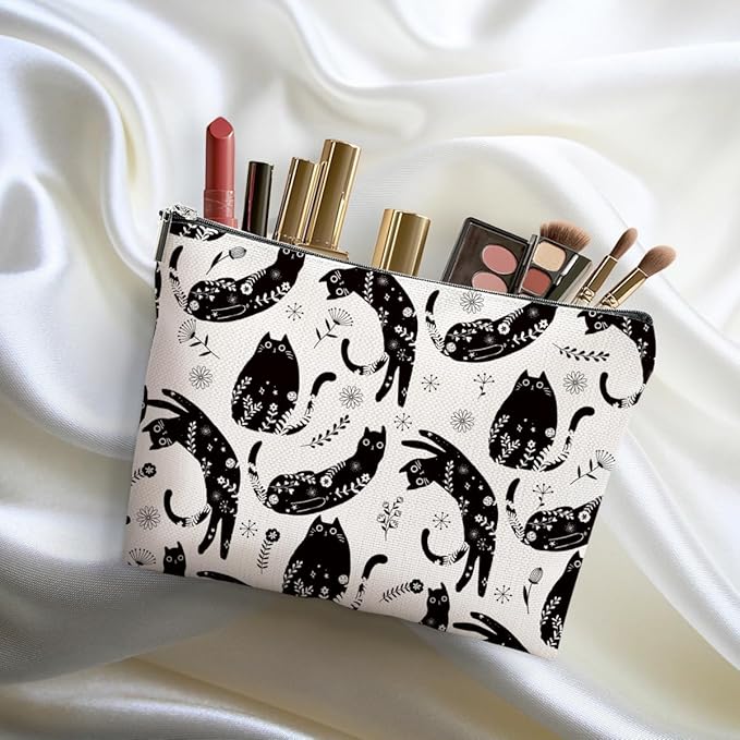 Botanical Cat Makeup Bag Cat Gifts Cosmetic Bag Cat Lover Gifts for Women Girls Friends Wife Cat Themed Gifts Cat Stuff Travel Organizer Zipper Pouch Graduation Birthday Friendship Gifts