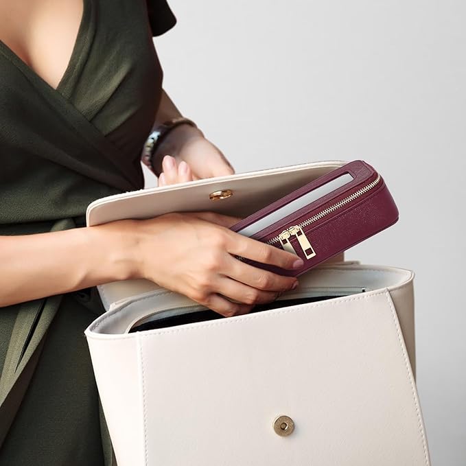 Makeup Brush Case Clear Travel Cosmetic & Toiletry Bag Small Makeup Bag with Zipper Purse Organizer Car Essential Bag for Women (X/Burgundy, SLIM)