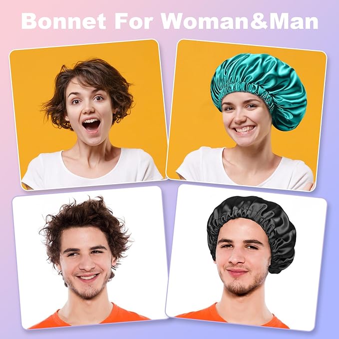 2PCS Silk Sleeping Bonnet，Double Layer Satin Bonnet for Women，Adjustable Silk Hair Cap, Shower Cap, Ideal Gift (Black+Blue)