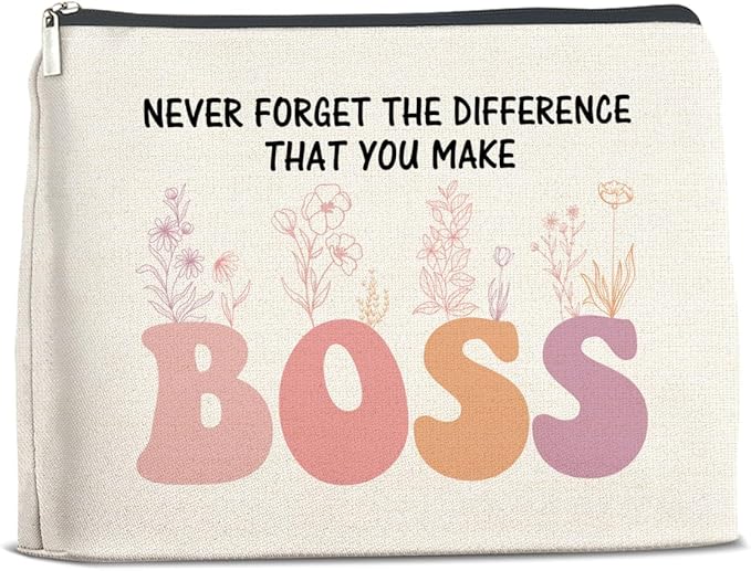 Makeup Bag - Thank You Gifts for Boss Lady, Appreciation Gift for Female Boss - Never Forget the Difference She Makes - Cosmetic Bag with Zipper Makeup Pouch