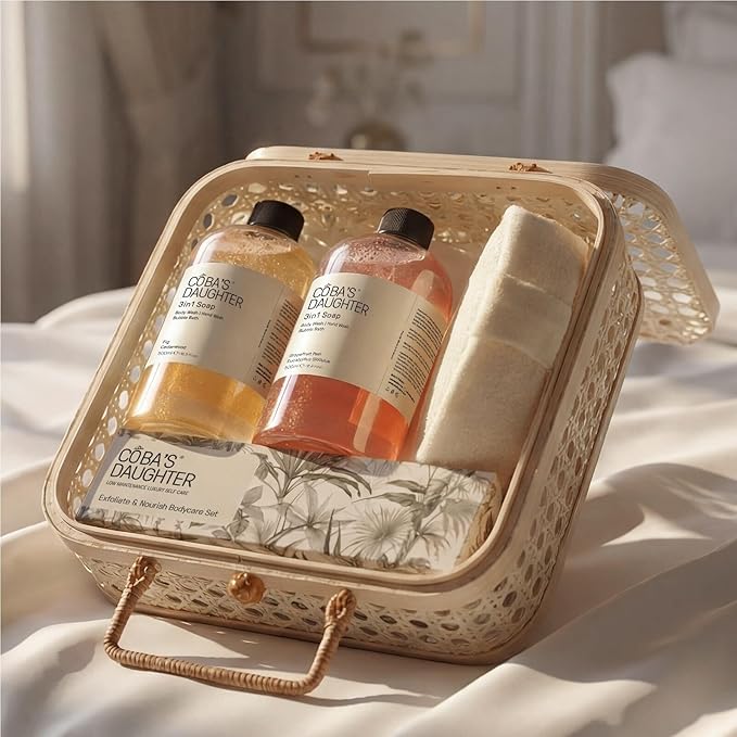 COBA’S DAUGHTER Luxury Spa Gift Set – 7-Piece Bath & Body Set with Rattan Case, Body Wash, Bubble Bath & Scrub – Premium Holiday, Birthday, housewarming, bridal shower & Self-Care Gift