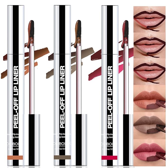 3 Colors Lip Stain Peel Off Long Lasting Brown Lip Liner Set Waterproof Transfer Proof Nude Lip Tint Matte Finish Tattoo Lipstain Marker Non-Stick Cup Lip Gloss Makeup for Women