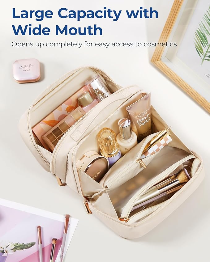 BAGSMART Travel Makeup Bag Large Capacity Cosmetic Bag, Wide-open Portable Make Up Bag Organizer for Women for Travel Essentials Travel-Size Toiletries Accessories Bottles, Brushes (Warm Gray)