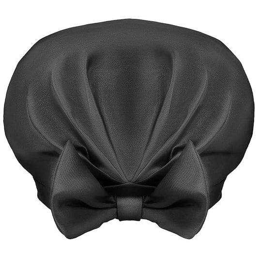 Auban Extra Large Bowknot Shower Caps, Double Layer, Reusable with Silky Satin for Women, Ideal for Beauty Bathing, Hair Spa, and Travel Use