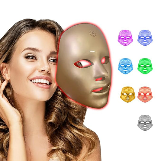 LED Face Mask Light Therapy – 7-in-1 Colors Facial Skin Care Mask for At-Home Use, Portable, Cordless & USB Rechargeable (Gold)
