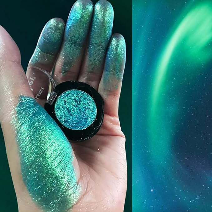 Afflano Single Green Eyeshadow - Shimmery, Highly Pigmented Multichrome, Color Changing Forest Green Glitter, Holographic Chrome Eye Shadow