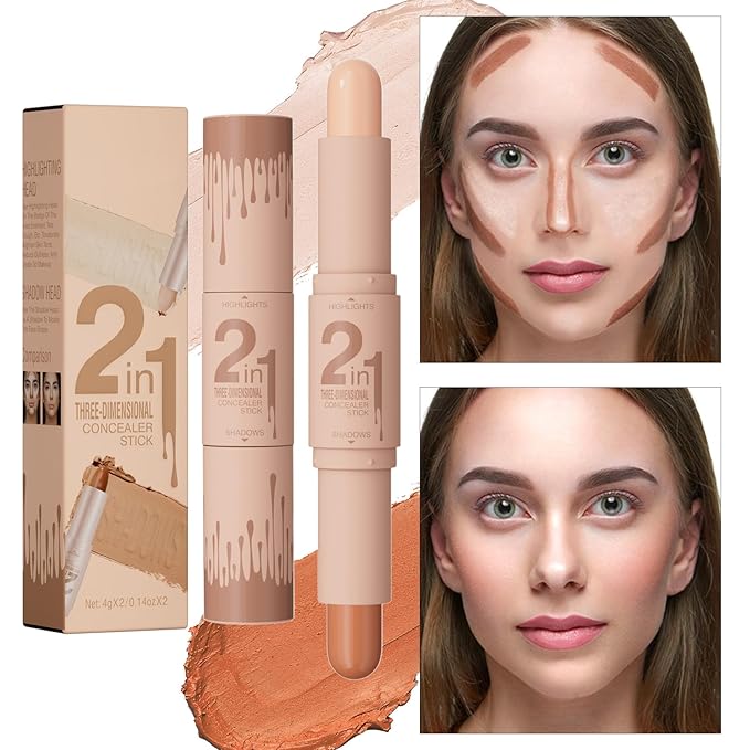 Dual-Ended Cream Contour Stick - Long-Lasting, Waterproof, Face Contour Makeup for All Skin Tones Highlighter Stick Easy to Blend, Achieve a Flawless Look (#01 Light Beige+Light Brown, A)