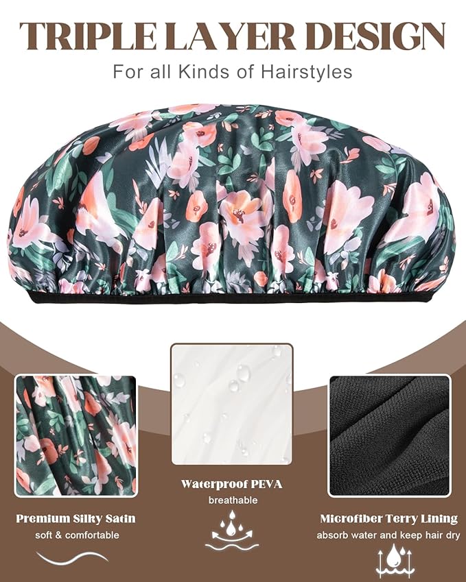 Auban Terry Lined Triple Layer Large Shower Cap for Women, Waterproof Hair Cap