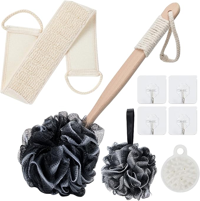 8Pack Bath Brush Set -Shower Loofah Sponge with Long Handled,Natural Loofah Exfoliating Back Scrubber for Shower, Luffa Pouf,Scalp Massager and 4 Hook,Back Scrubber for Shower for Men and Women