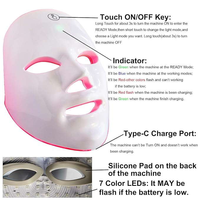 Red Light Therapy Mask for Face, Blue Red LED Light Therapy Device, 7+1 Colors LED Facial Skin Care Mask At Home, USB Rechargeable,Portable