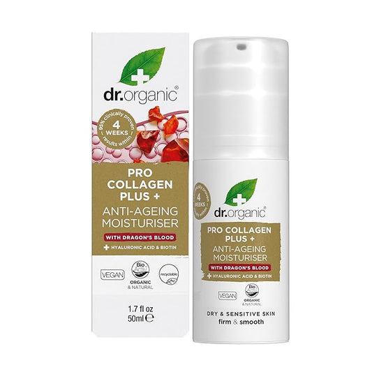 Dr. Organic Pro Collagen Plus + Anti-Ageing Moisturiser with Dragon’s Blood | Reduces Wrinkles, (Dry & Sensitive Skin) Natural, Certified Organic, Paraben & SLS-Free, 50 mL / 1.7 fl oz