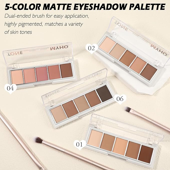 5 Colors Matte Eyeshadow Palette with Brush - Neutral Nude Taupe Brown Eye Shadow Palette Makeup, Natural Waterproof Cool-Toned Eyeshadow for Green & Blue & Brown Eyes and Smokey Makeup, 01#