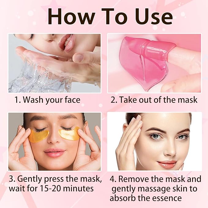30 Pairs Lip Masks & Eye Masks, 24K Gold Gel Crystal Collagen Under Eye Patches for Puffy Eyes, Dark Circles and Wrinkles, Moisturizing Nourishing Collagen Lip & Eye Mask Set for Women Men