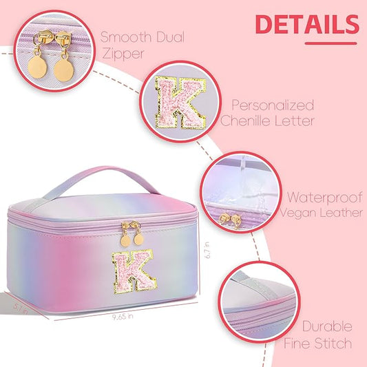 Meiyuuo Large Makeup Bag Travel Pro Cosmetic Bags Cute Chenille Letter Pouch Rainbow Pink Personalized Toiletry Organizer for Women Teen Girls Birthday Gifts for Her Preppy Rainbow Pink K