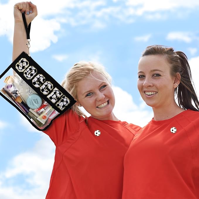 4 Pcs Soccer Bags Gifts Chenille Letter Makeup Bags with 4 Pins Preppy Clear Cosmetic Bag Waterproof Zipper Pouch for Girls Soccer Mom Player Lover Coach