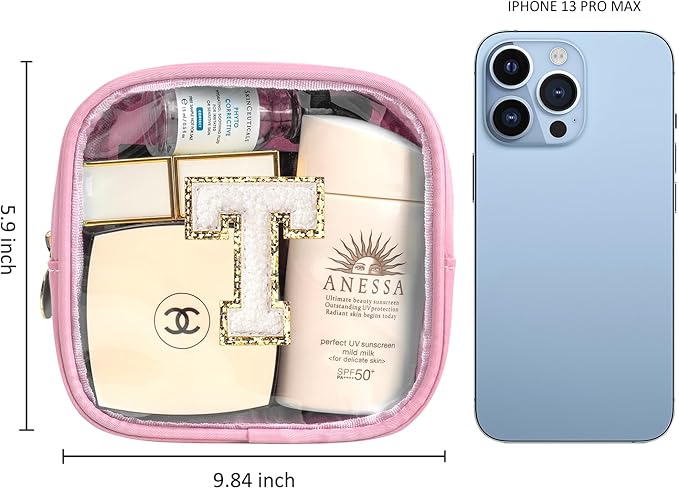 Mini Initial Makeup Bag | Travel Toiletry Bag | Clear Makeup Bag | Travel Essentials Gifts for Women Teen Girlfriend Teacher Brithday Gifts | Clear Toiletry Bag Small Mini Cosmetic Bag (Pink, T)