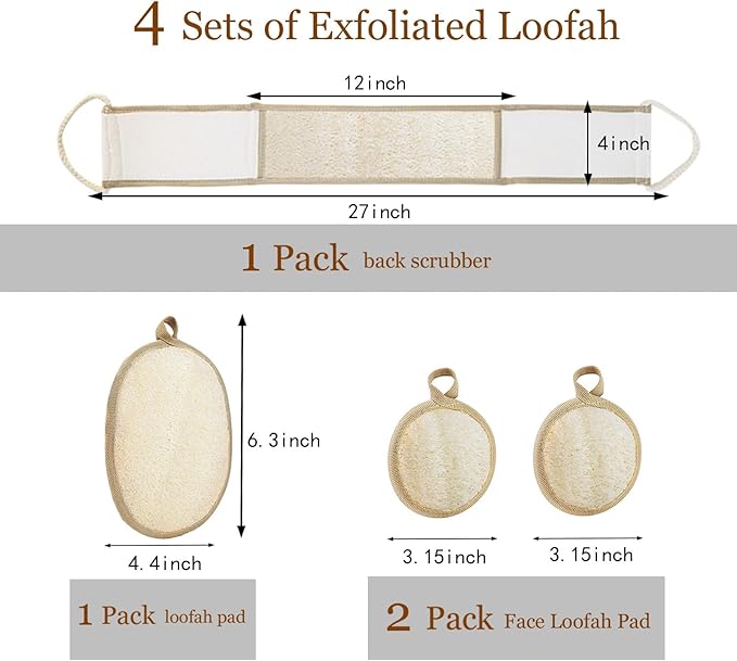 Loofah Sponge Exfoliating Body Scrubber(4 Pack), Zenidoo Natural Loofah Face Pad Bath Shower Body Scrubber for Women and Men, Made with Eco-Friendly and Biodegradable Luffa Pads,Large Size