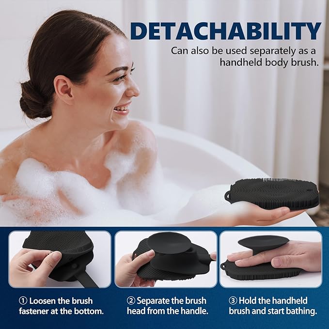 Silicone Back Scrubber for Shower, Detachable Long Handle Body Scrub Brush, Shower Brush for Shower Exfoliating and Message, Dual Purpose Overall Cleaning - Black