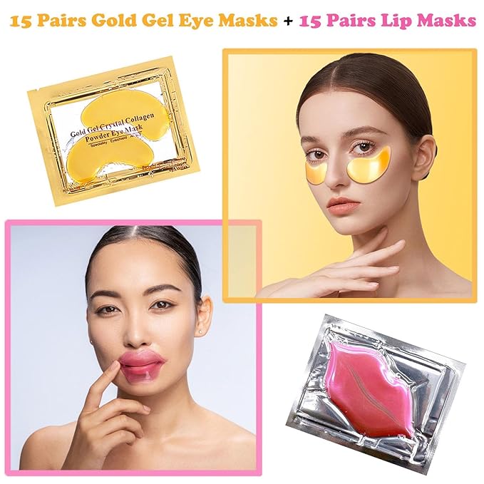 30 Pairs Lip Masks & Gold Hydrogel Collagen Eye Masks, Under Eye Patches Gel Pads for Dark Circles and Puffiness, Moisturizing & Anti-Ageing Skincare for All Skin Types