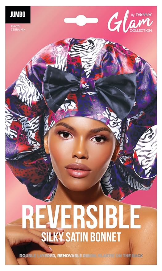 DONNA Jumbo Bow Ribbon Bonnet 1pc Satin Bonnet for Sleeping Removable Reversible Bow Ribbon for Women with Curly Hair, Crochet Hairstyles Silk Hair Accessories Shower Cap Zebra Mix Pattern Multicolor
