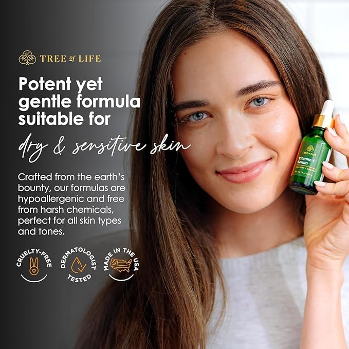 Tree of Life Beauty Vitamin C Skin Care Set, Skin Brightening Face Oil for Dark and Age Spots, Facial Serums for Dry and Sensitive Skin with Hyaluronic Acid & Vitamin E for Soft Smooth Skin, 1 Fl Oz