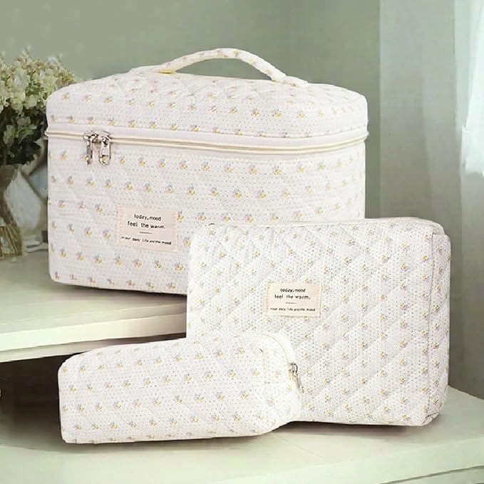 3 Pcs Quilted Makeup Bag Set,Cotton Coquette Make Up Bag,Cute Floral Makeup Bags Large Toiletry Cosmetic Bag Organizer for Women Girls (P2-3PCS)
